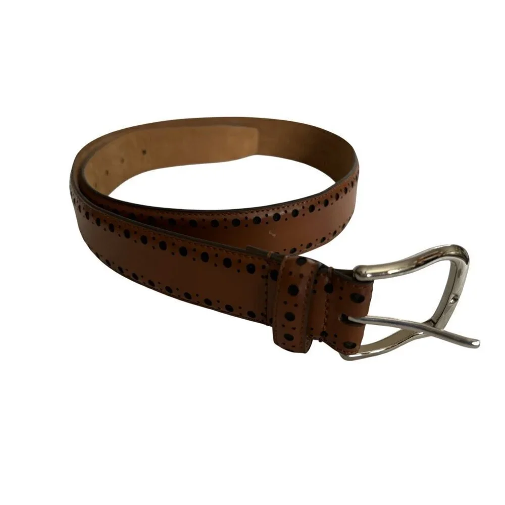 Cole Haan Brown Leather Belt With Black Dot Pattern & Silver Buckle
